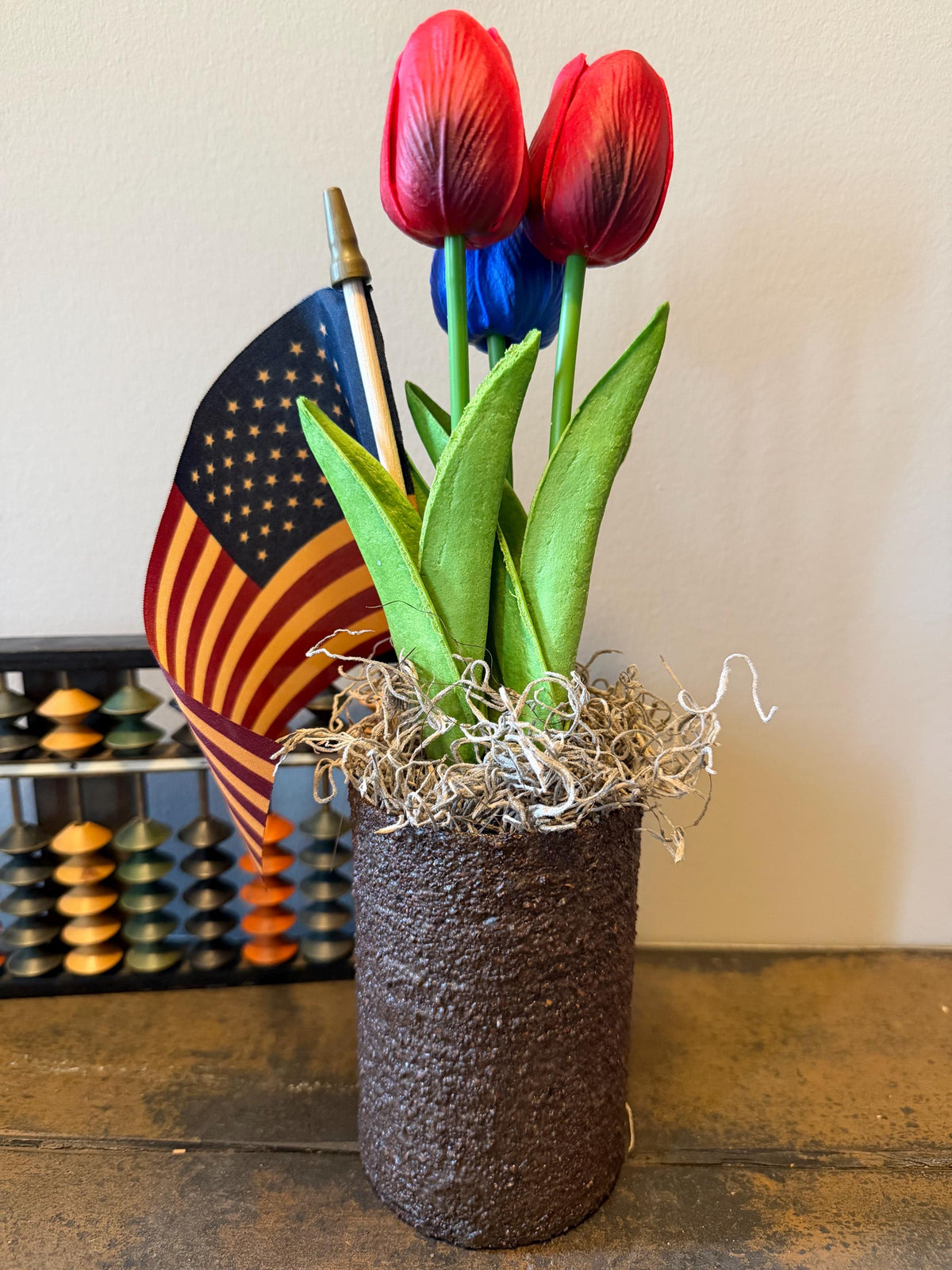 Primitive Americana Grungy Tin Can Floral Arrangement with Tulips