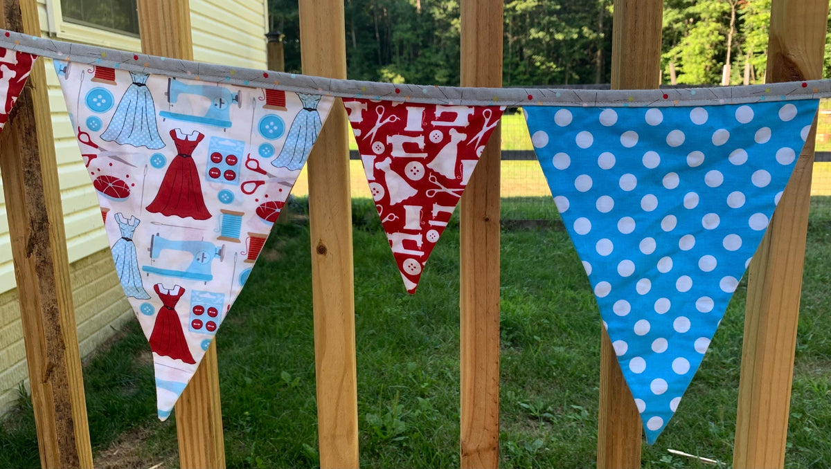 Sewing Room Fabric Bunting Banner, Sewing Machine Garland, Craft Room Decor, Wall Hanging, Reusable Fabric Flag Banner