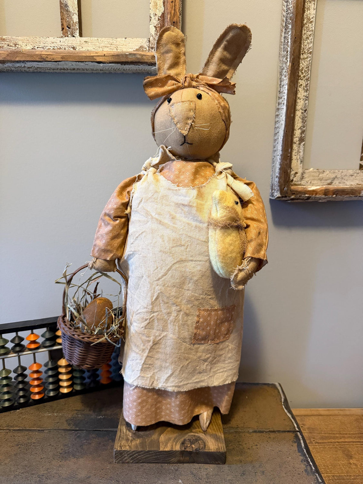 Primitive Standing Easter Bunny Doll with Chick & Basket