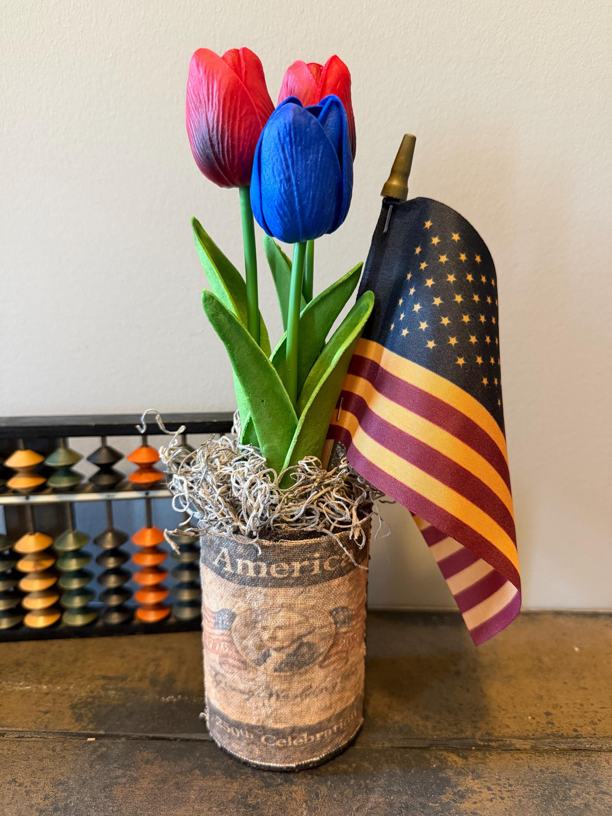 Primitive Americana Grungy Tin Can Floral Arrangement with Tulips