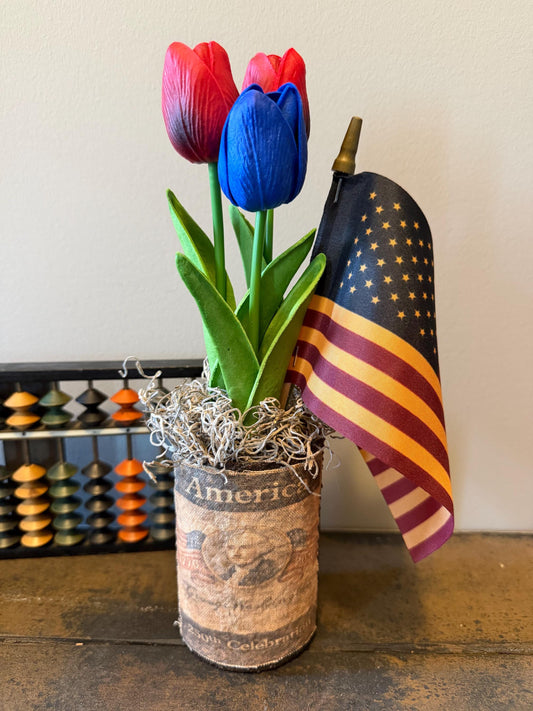 Primitive Americana Grungy Tin Can Floral Arrangement with Tulips